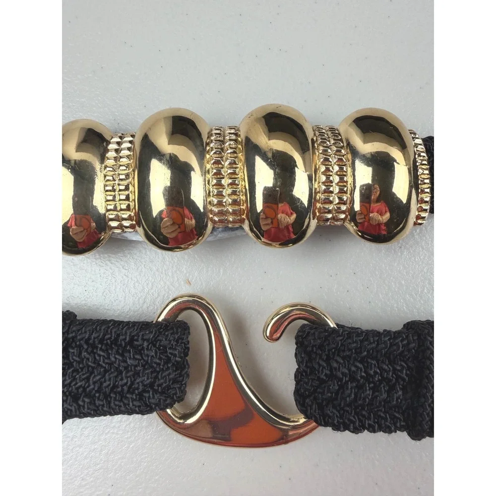 Vintage Style Black Braided Stretch Belt Gold Bead Hardware Cinch Waist 40 Inch